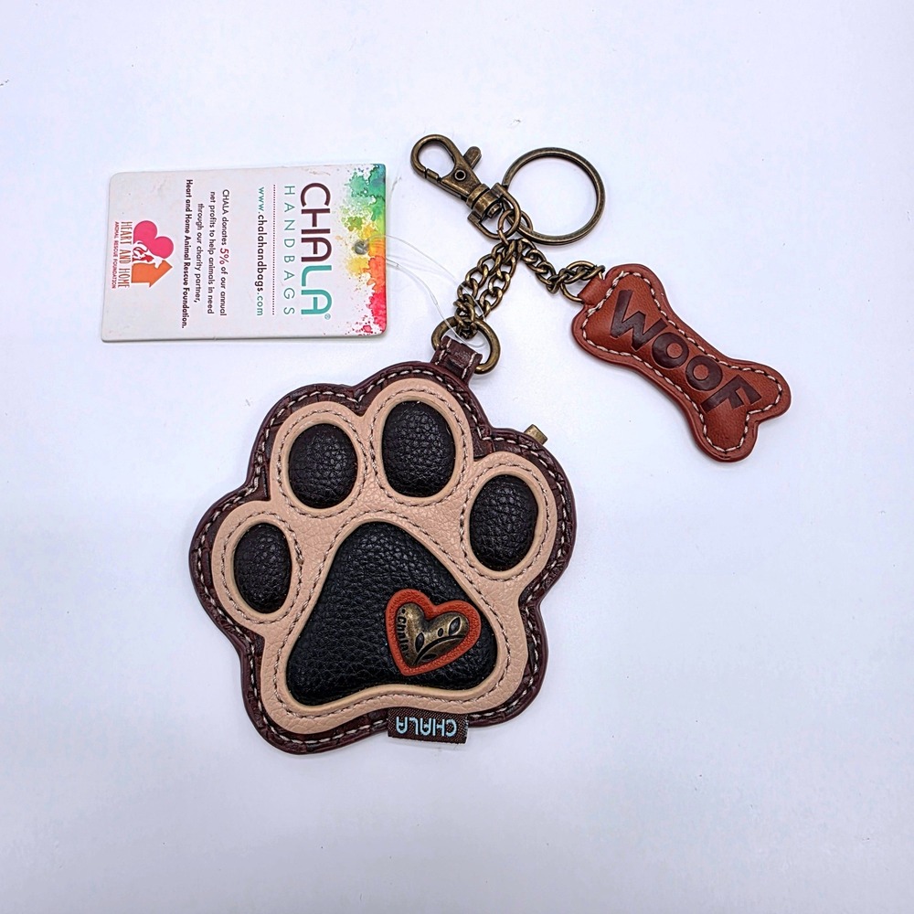 Chala Handbags Paw Print Coin Purse Key Fob Vegan Leather Brown 806PW0 NWT
